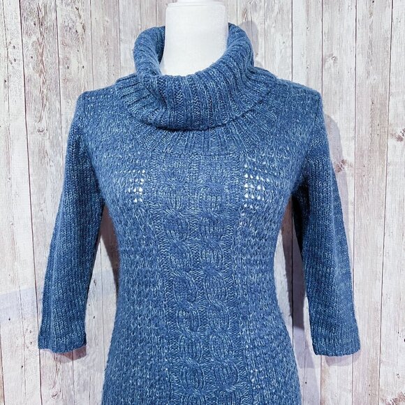Women's Pink Rose Sweater | Blue | 3/4 Sleeves | Cowl Neck | Tunic | Medium - Picture 5 of 13
